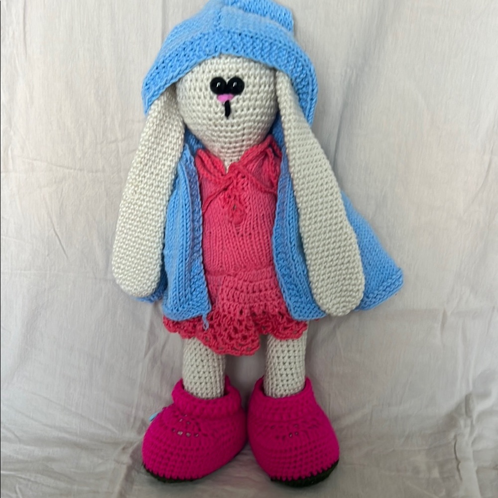 Crochet Bunny with Pink Dress and Blue Jacket